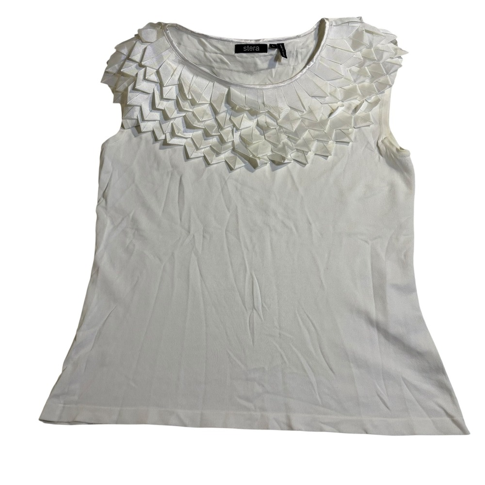 Stera Sleeveless Top Ruffle Neck Knit Blouse White Casual Top Size L**